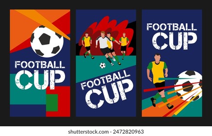Vector set of designs dedicated to the football cup for web and print: poster, flyer, leaflet, etc. Bright and dynamic banners with illustration elements for use in business and marketing.