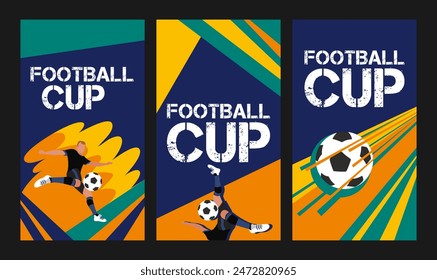 Vector set of designs dedicated to the football cup for web and print: poster, flyer, leaflet, etc. Bright and dynamic banners with illustration elements for use in business and marketing.