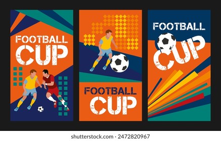 Vector set of designs dedicated to the football cup for web and print: poster, flyer, leaflet, etc. Bright and dynamic banners with illustration elements for use in business and marketing.