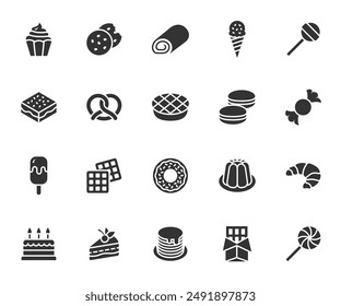 Vector conjunto de iconos planos de postre. Contiene iconos pastel, gofre, galleta, pretzel, panqueque, donut, pastel, magdalena, dulces y más. Píxel perfecto.