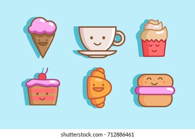 Vector set of dessert food flat icons, cute cartoon characters.Macaroon,  Ice Cream,  Cake