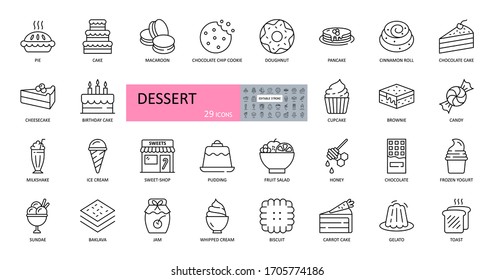 Vector set of dessert icons. Editable Stroke. Includes popular sweet dishes, pie, cake, cookies, ice cream, pancakes, milkshake, pudding, fruit salad, chocolate, yogurt, biscuit, chocolate, honey, jam