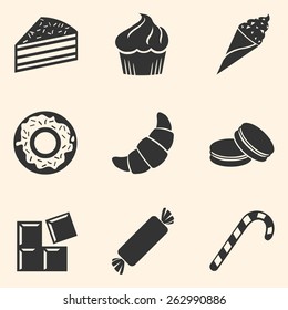 Vector Set of Dessert Icons. Sweet-Stuff. Confection. Cake, Brownie, Ice Cream, Doughnut, Croissant, Macaroni, Chocolate, Candy, Candy Cane.
