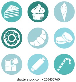 Vector Set of Dessert Icons. Sweet-Stuff. Confection. Cake, Brownie, Ice Cream, Doughnut, Croissant, Macaroni, Chocolate, Candy, Candy Cane.