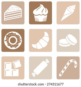 Vector Set of Dessert Icons. Sweet-Stuff. Confection. Cake, Brownie, Ice Cream, Doughnut, Croissant, Macaroni, Chocolate, Candy, Candy Cane.