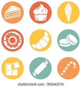 Vector Set of Dessert Icons. Sweet-Stuff. Confection. Cake, Brownie, Ice Cream, Doughnut, Croissant, Macaroni, Chocolate, Candy, Candy Cane.