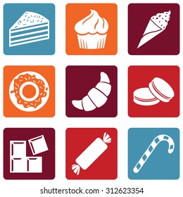 Vector Set of Dessert Icons. Sweet-Stuff. Confection. Cake, Brownie, Ice Cream, Doughnut, Croissant, Macaroni, Chocolate, Candy, Candy Cane.