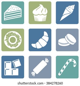 Vector Set of Dessert Icons. Sweet-Stuff. Confection. Cake, Brownie, Ice Cream, Doughnut, Croissant, Macaroni, Chocolate, Candy, Candy Cane.