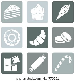 Vector Set of Dessert Icons. Sweet-Stuff. Confection. Cake, Brownie, Ice Cream, Doughnut, Croissant, Macaroni, Chocolate, Candy, Candy Cane.