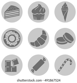 Vector Set of Dessert Icons. Sweet-Stuff. Confection. Cake, Brownie, Ice Cream, Doughnut, Croissant, Macaroni, Chocolate, Candy, Candy Cane.