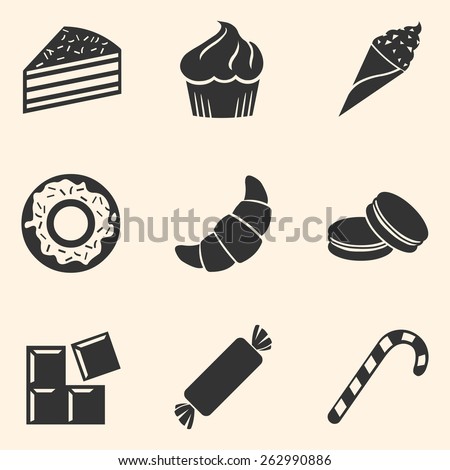 Vector Set of Dessert Icons. Sweet-Stuff. Confection. Cake, Brownie, Ice Cream, Doughnut, Croissant, Macaroni, Chocolate, Candy, Candy Cane.
