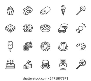 Vector set of dessert line icons. Contains icons cake, waffle, cookie, pretzel, pancake, donut, pie, cupcake, candy and more. Pixel perfect.