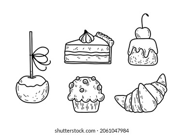 Vector set of desserts - caramel apple, cupcake, pie, cherry cake and croissant. Hand drawn doodle desserts.