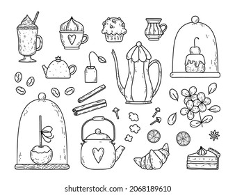 Vector set of desserts. Coffee, tea, kettles, cups, sweets, flowers, cupcakes and other cute items. Doodle elements for package, stickers, greeting cards, etc.