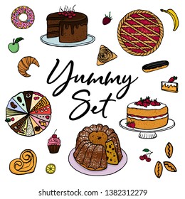 Vector set desserts, fruits and sweets drawings. Cake, pie, eclair, cupcake with cherry, baking and croissant. Donut and pattys, banana, apple, cherry, raspberries, and lemon.