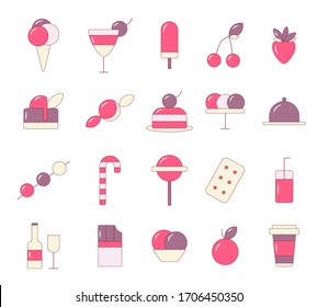 Vector set of desserts icons. Sweet colorful cake, ice cream, strawberry, cherry, candy, lollipop isolated on white background.