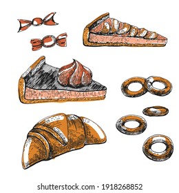 Conjunto vectorial de postres. Trozos de tarta, bagels, dulces, cruasanes. Dibujo de línea. Esbozos.