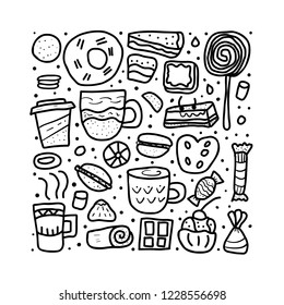 Vector set of desserts. Sweets cakes, donuts, candy and others snacks in doodle style isolated on white background. 