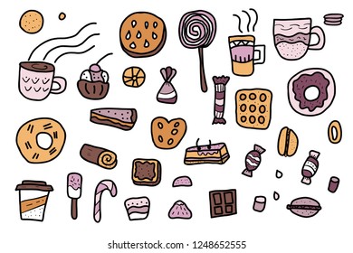 Vector set of desserts. Sweets cakes, donuts, candy and others snacks in doodle style isolated on white background. 