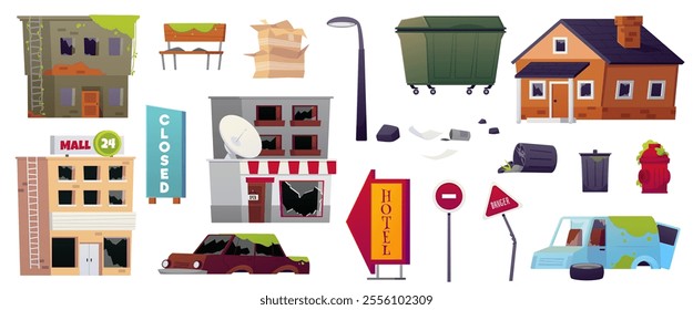 Vector set of destruction, natural disaster or cataclysm, post-apocalyptic consequences. Cartoon abandoned destroyed city buildings, house, mall, broken car. Old trash can, lamppost, bench