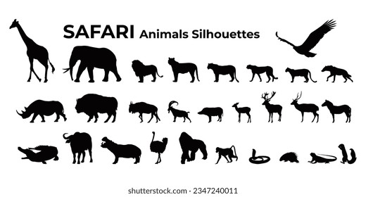 Vector set of detailed african animals silhouettes isolated on white background