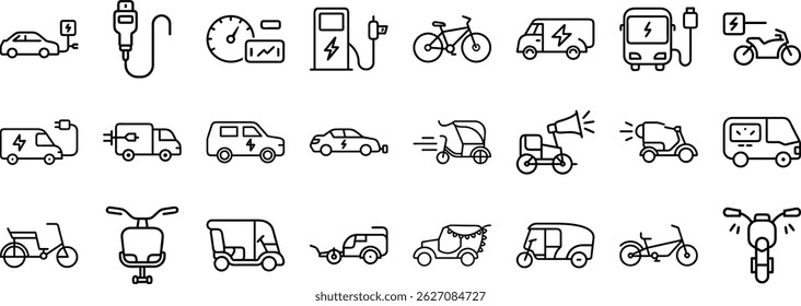 Vector set of detailed black line editable icons representing electric vehicles and charging stations