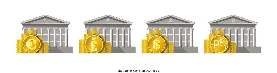 Vector set of detailed financial icons. Stacks of gold coins. Symbolic classic gray central bank building with columns. EU euro, England pound, american dollar and russian ruble symbols. Economics