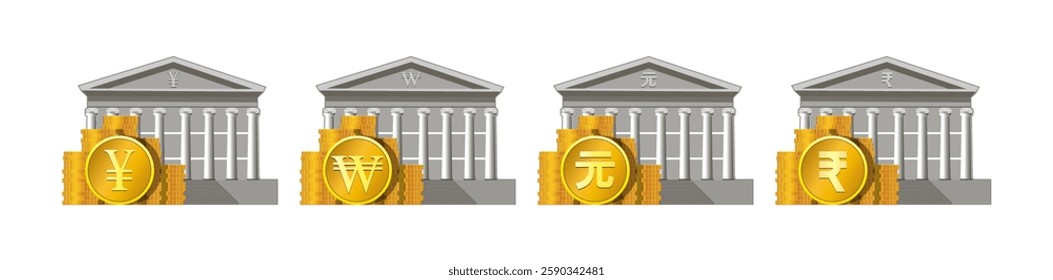 Vector set of detailed financial icons. Stacks of gold coins. Symbolic classic gray central bank building with columns. Japanese yen, Korean won, Chinese yuan and Indian rupee symbols. Economics