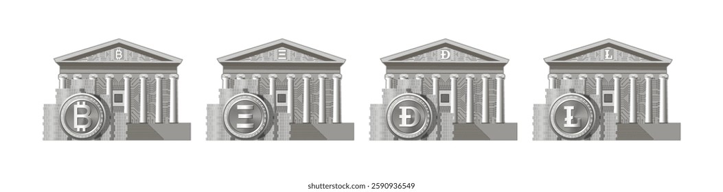 Vector set of detailed financial icons. Stacks of silver or nickel coins. Symbolic classic gray central bank building with columns. Bitcoin, ethereum, dogecoin and litecoin symbols. Cryptocurrencies