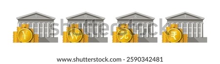 Vector set of detailed financial icons. Stacks of gold coins. Symbolic classic gray central bank building with columns. Japanese yen, Korean won, Chinese yuan and Indian rupee symbols. Economics