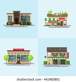 Vector set of detailed flat design city public buildings. Icon set or infographic element set representing restaurant, cafeteria and cafe