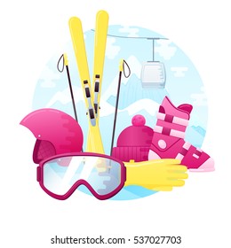 vector set of detailed flat skiing equipment. Contains ski, boots, helmet, glasses, gloves and hat.