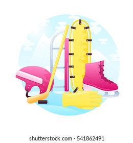 vector set of detailed flat winter activity equipment. Contains snowshoes, sled, skates, helmet, hockey stick, washer and gloves.
