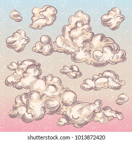 Vector set of detailed hand drawn vintage engraved clouds. Ink illustration. Overcast, abstract sky, cloud sketch decorative retro background. 
