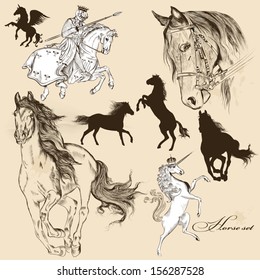 Vector set of detailed hand drawn horses for design