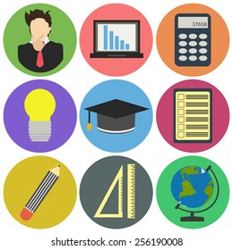 Vector set of detailed icons about education in flat style