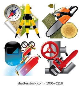 Vector set of detailed job occupation icons with tools and equipment