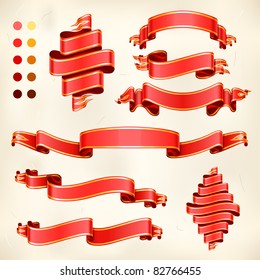 vector set of detailed luxury red ribbon banners with golden stripes