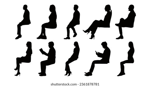 Vector set of detailed people sitting side view silhouettes isolated on white background. Vector illustration