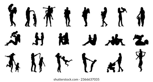 Vector set detailed silhouette of women and children isolated on white background. Mom and baby, mother's day concept vector illustration. 