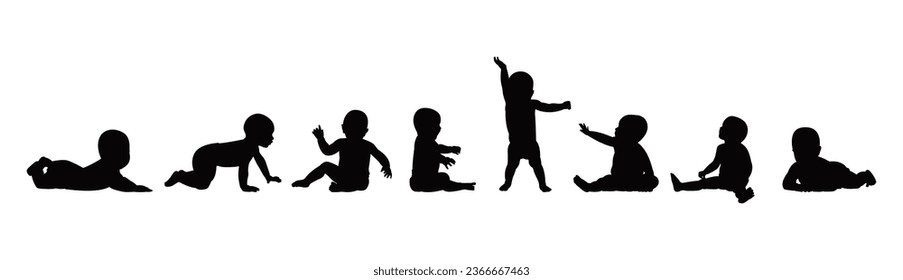 Vector set detailed silhouettes of baby isolated on white background. Baby crawling, sitting, laying, playing and standing vector illustration.