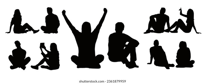 Vector set of detailed silhouettes male and female sitting on the floor isolated on white background. Vector illustration