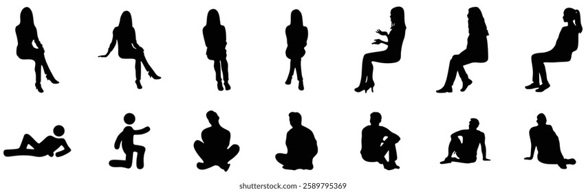 Vector set of detailed silhouettes male and female sitting on the floor isolated on white background. Vector illustration