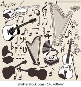 Vector set of detailed  silhouettes of musical instruments in retro style