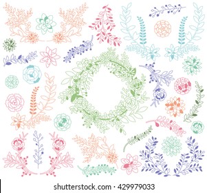 Vector Set of Detailed Succulent Plants, Cactus and Succulent Wreath