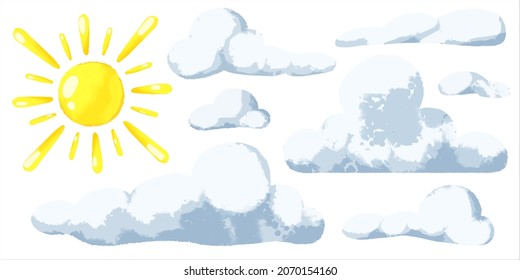 Vector set of detailed sun and clouds drawing in cute cartoon style isolated on white background