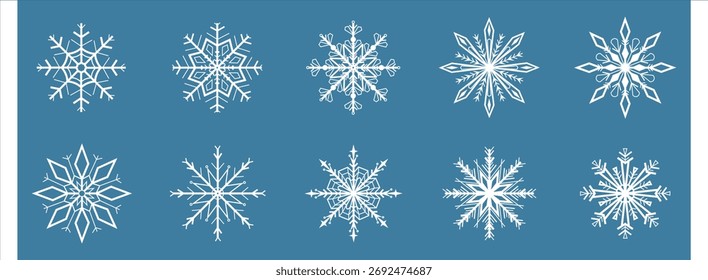Vector set of detailed white snowflakes on a blue background. Symmetrical winter design for Christmas decoration, holiday cards, or seasonal patterns