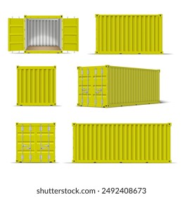 Juego de Vector con contenedores de carga amarillos detallados para el transporte. Imágenes realistas de diferentes tamaños, puertas abiertas y cerradas. Maqueta de contenedor de metal sobre fondo aislado.
