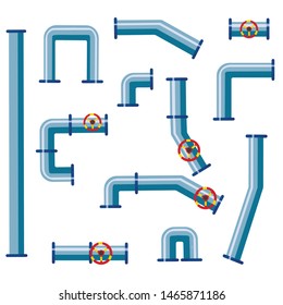 Vector set of details ware pipes system in flat style. Collection of water tube, plastic pipeline, filtres, gas valve, fittings, plumbing, faucet, sewage.