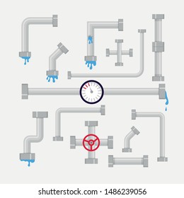 Vector set of details ware pipes system in flat style. Broken pipe with leaking water. Collection of water tube, leakage, plastic pipeline, leaking valve, dripping drain. Industrial technology.